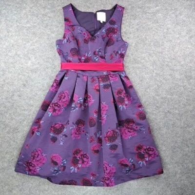Modcloth Dress Womens Medium Purple Floral Roses Fit Flare Sleeveless Sash Tie - Image 1 of 4