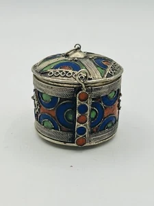 Antique Handcraft Orange Blue Enamel Moroccan Berber Bracelet Jewlery Box - Picture 1 of 9