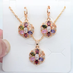 18K Yellow Gold Filled Rainbow Topaz Round Flower Earrings & Pendant Jewelry Set - Picture 1 of 4