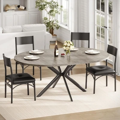 Round Dining Table Set with Upholstered Chairs for 4-6, Extendable Kitchen Table - Image 1 of 4