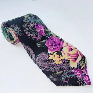 Kenzo Paris schwarze Seidenkrawatte mit Blumenmuster & Paisley ITALIEN 58"/3,8" Vintage - Bild 1 von 4