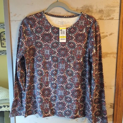 Nuevo con etiquetas-Charter Club Top Talla M Pequeño Gris Rojo Manga Larga Algodón Pima  Foto 1 de 4