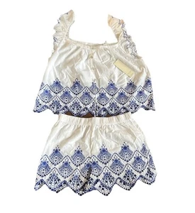 Calypso Damen Blau Weiß Pyjama Set Shorts Oberteil Neu Bestickt Baumwolle Gr. S - Bild 1 von 5