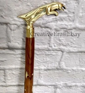 Antique Designer Brass Puma Handle Walking Stick Brown Wooden Brass Inlaid Cane - Picture 1 of 6
