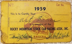 RARE 1959 ROCKY MOUNTAIN STOCK CAR RACING ASSOCIATION MEMBERSHIP CARD NASCAR - Picture 1 of 2