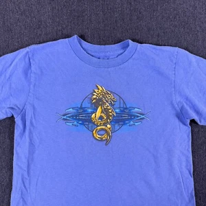 Youth Medium Blue T-Shirt Golden Dragon Graphic Tee Fantasy Creature Shirt Kids - Picture 1 of 7