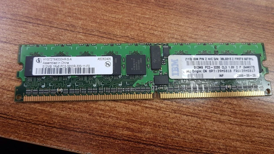 LOT OF 2 PCS.Infineon HYS72T64000HR-5-A DDR2 512MB PC2-3200 Reg ECC 400Mhz  - Image 1 of 1