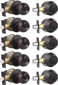 5-Pack Exterior Deadbolt & Door Knob Set Oil Rubbed Bronze Keyed Alike Locks - Picture 1 of 12
