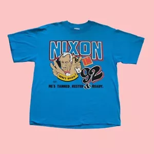 Nixon Reagan Cartoon Hilarious Tee Vintage 1990s Blue Crew Neck Elections, XL - Picture 1 of 6