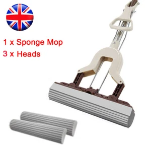 Sponge Mop Heavy Duty Super Absorbent Cleaning Floor Telescopic Handle + 3 Heads - Picture 1 of 8