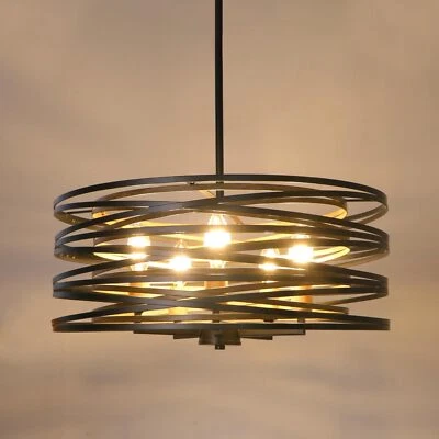 5 Light Farmhouse Chandelier Drum Dining Room Wood Pendant Fixture Retro Black - Image 1 of 4