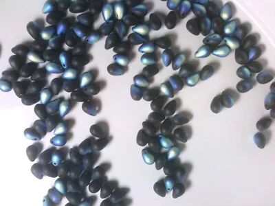 Vtg 100 MATTE JET BLACK AB SIDE DRILL GLASS TEAR DROPS LOOSE 5x7mm #021920l - Image 1 of 4