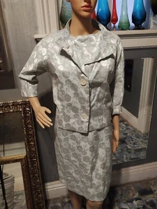 Vintage 1950's Handmade Baby Blue & Silver Brocade  Dress With Jacket 8 or 10 - Picture 1 of 15