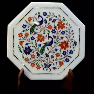 12" Octagon White Marble Side Table Inlay Pietra Dura Peacock Design Gemstone - Picture 1 of 8
