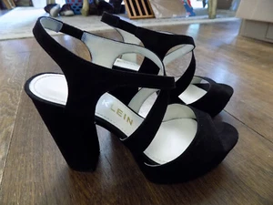 Anne Klein Lalima Black Suede 1" Platform 4.5" Chunky Heels Sandals Sexy Retro 9 - Picture 1 of 10