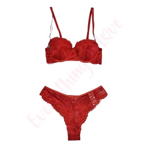 Valentine Red Lace Sexy Love Lingerie Push up Demi Cup Bra & Thong Panty Set - Picture 1 of 13