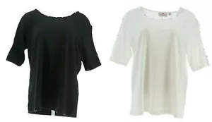 Quacker Factory Set of Two Rhinestone Split Sleeve Knit T-shirts, Black/White XS - Picture 1 of 11