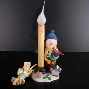 Vintage Snowman With Electric Candle Lamp Sienna Window Sill Red Bird - Picture 1 of 6