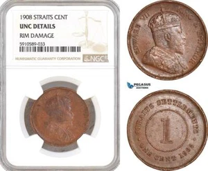 AF811, Straits Settlements, Edward VII, 1 Cent 1908, NGC UNC Det. - Picture 1 of 1
