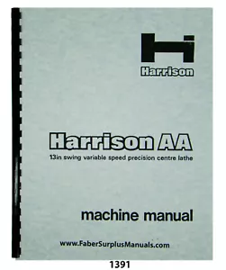 Harrison 13" Lathe Variable Speed Model AA Instruction & Parts List Manual #1391 - Picture 1 of 12