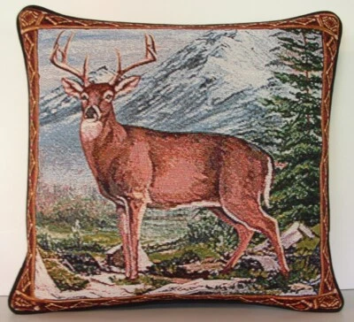 .Lodge - Buk Deer  w/ Mountains & Trees, Outside Border, Tapestry Pillow New - Image 1 of 4