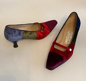 Vintage Ferragamo Leather Velvet Color Block Kitten Heels - Size 9 2A - Picture 1 of 5