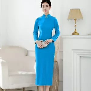 Lady Velvet Cheongsam Dress Long Sleeve Qipao Chinese Traditional Frog Button - Foto 1 di 31