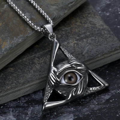 Mens Illuminati Egyptian All Seeing Grey Eye Necklace Pendant Stainless Steel - Image 1 of 4