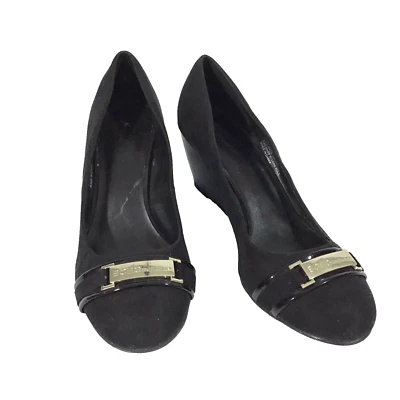 BCBG Womens Talica Wedge Heel Shoes 10 M Black Faux Suede Logo Buckle - Image 1 of 4