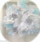 Shabby Blue White Silver Door Decoration Hampton Christmas Bird Rose Wreath Chic
