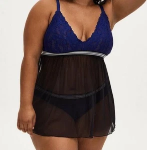 Torrid Size 2 Black Mesh & Sapphire Blue Lace Stripe Waist Babydoll - Picture 1 of 7