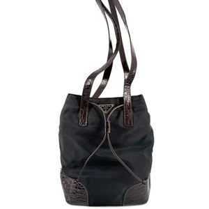 PRADA Nylon Shoulder bag Tote Bag Drawstring with logo Black Authentic 0104 - Picture 1 of 12