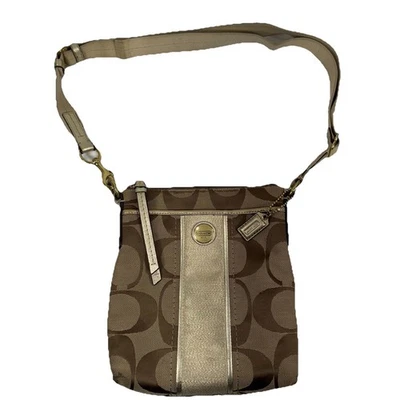 Coach Tan & Brown Signature w/ Gold Stripe Crossbody Purse Shoulder Bag - Image 1 of 4