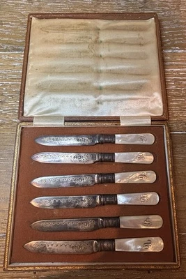 Cuchillos de frutas antiguos/de colección con mango de nácar (6) | Caja incluida Foto 1 de 4