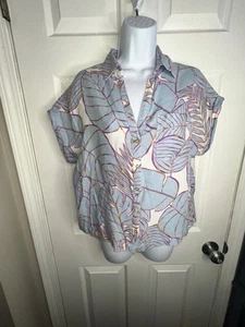 Camisa Top Cynthia Rowley Mediana Lino Azul Tropical Hoja Abotonada Cuello M - Imagen 1 de 11