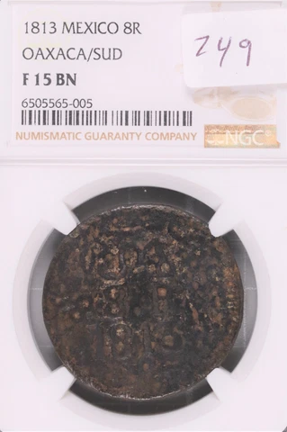 1813 Mexico 8 Reales Oaxaca/SUD Copper Coin - Insurgent Coinage NGC F-15 BN #005 Cover