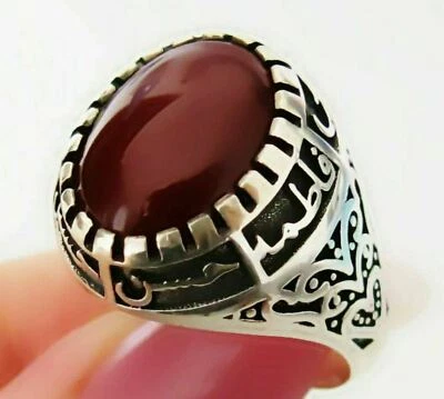925 Argento Islamico Yemenita Rosso Agata Ahlulbayt Ehlibeyt Hossein Allah Shia - Immagine 1 di 4