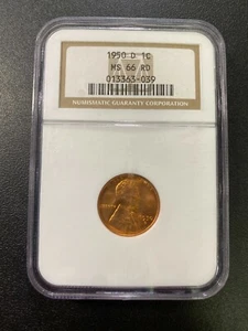 1950 D WHEAT CENT NGC MS-66 RD - UNCIRCULATED - RED - EARLY DATE - SLABBED - 1C - Picture 1 of 2