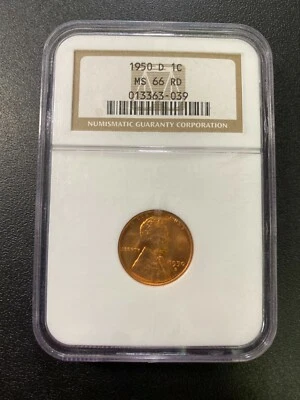 1950 D WHEAT CENT NGC MS-66 RD - UNCIRCULATED - RED - EARLY DATE - SLABBED - 1C - Image 1 of 2