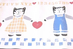 Wallpaper Border Cat Cats Kittens Hearts Alphabet White Blue Check Tan Red Wall - Picture 1 of 3