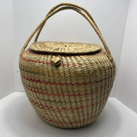 Large Coiled Seagrass Basket Lidded with Handle Snake Charmer’s Basket w/ Lid Cover