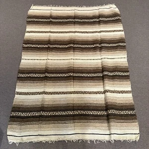 Coperta messicana vintage a righe marroni Baja Hippie Boho 75x55 tappeto frange - Foto 1 di 5