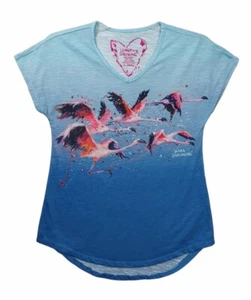 Leoma Lovegrove Top Short Sleeve V Neck Flamingo Print Rhinestones Women XS Blue - Picture 1 of 5