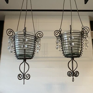 2 Hanging Votive Tea Light Candle Holders Gray Wire Metal Crystal Glass Boho - Picture 1 of 5