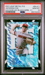 2021 LEAF METAL PERFECT GAME JACKSON COX BLACK MARBLE TRUE # 1/1 AUTO PSA 10 - Picture 1 of 2