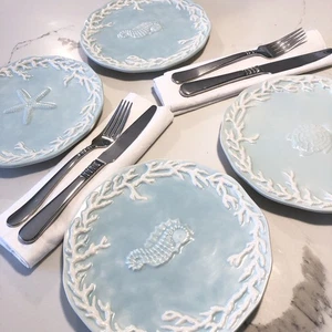 Mud Pie Blue Plates (4) Sea Turtle Horse Starfish 3D Coral Textured RARE Nauti - Picture 1 of 8