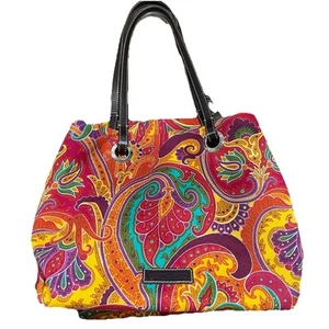 ETRO Ladies Tote bag Orange Red Yellow Paisley Leather Straps. - Picture 1 of 10