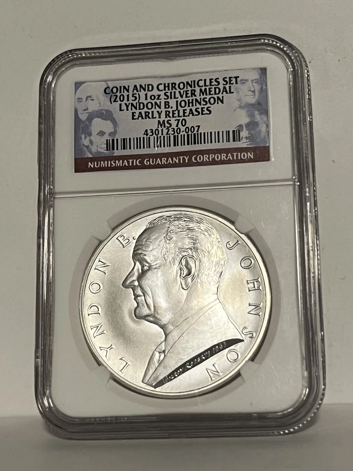 2015 NGC  MS 70  LYNDON B. JOHNSON COIN AND CHRONICLES SET  1oz Silver Medal - Image 1 of 2