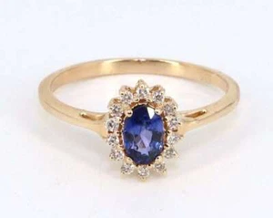 Natural Blue Sapphire and Diamonds Cluster Halo Women Ring 10k Yellow Gold - Picture 1 of 5