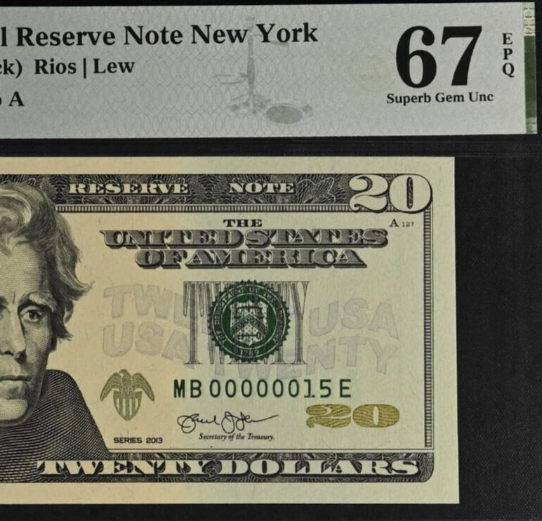 2013 $20 Federal Reserve Note PMG 67EPQ Superb Gem Low Serial Number 00000015 - Image 1 of 3